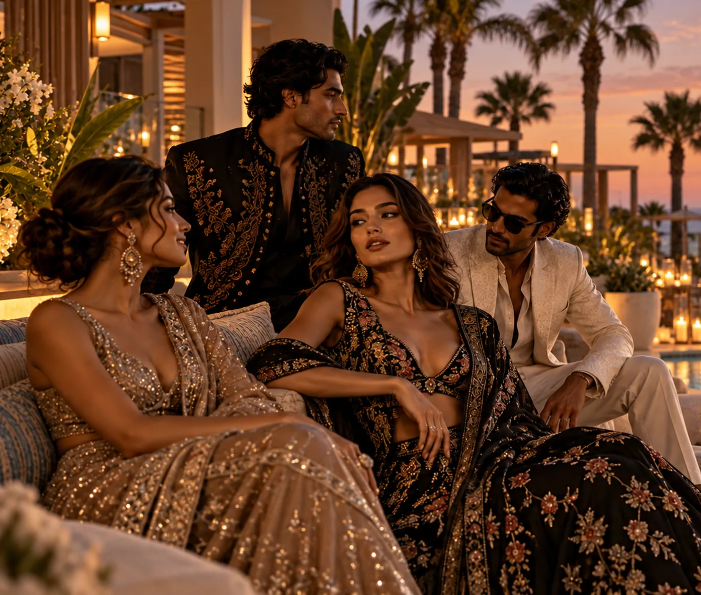 Friends in South Asian eveningwear talking on an oceanfront terrace at sunset.