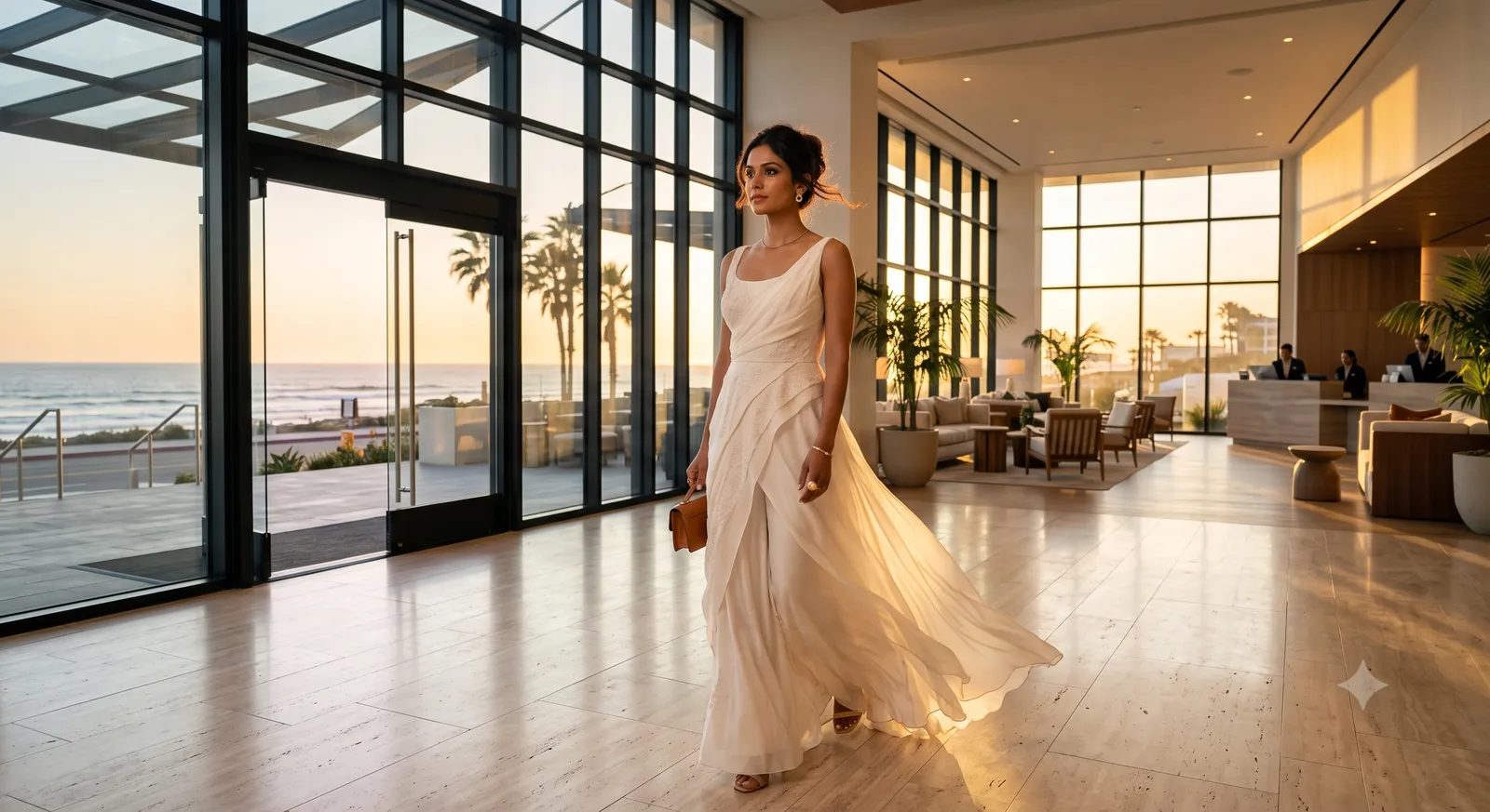 Visual concept of a bride arriving at Pasea Hotel at golden hour
