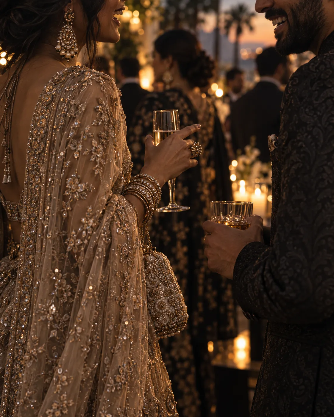 A close editorial detail of South Asian eveningwear, jewelry and conversation over drinks.