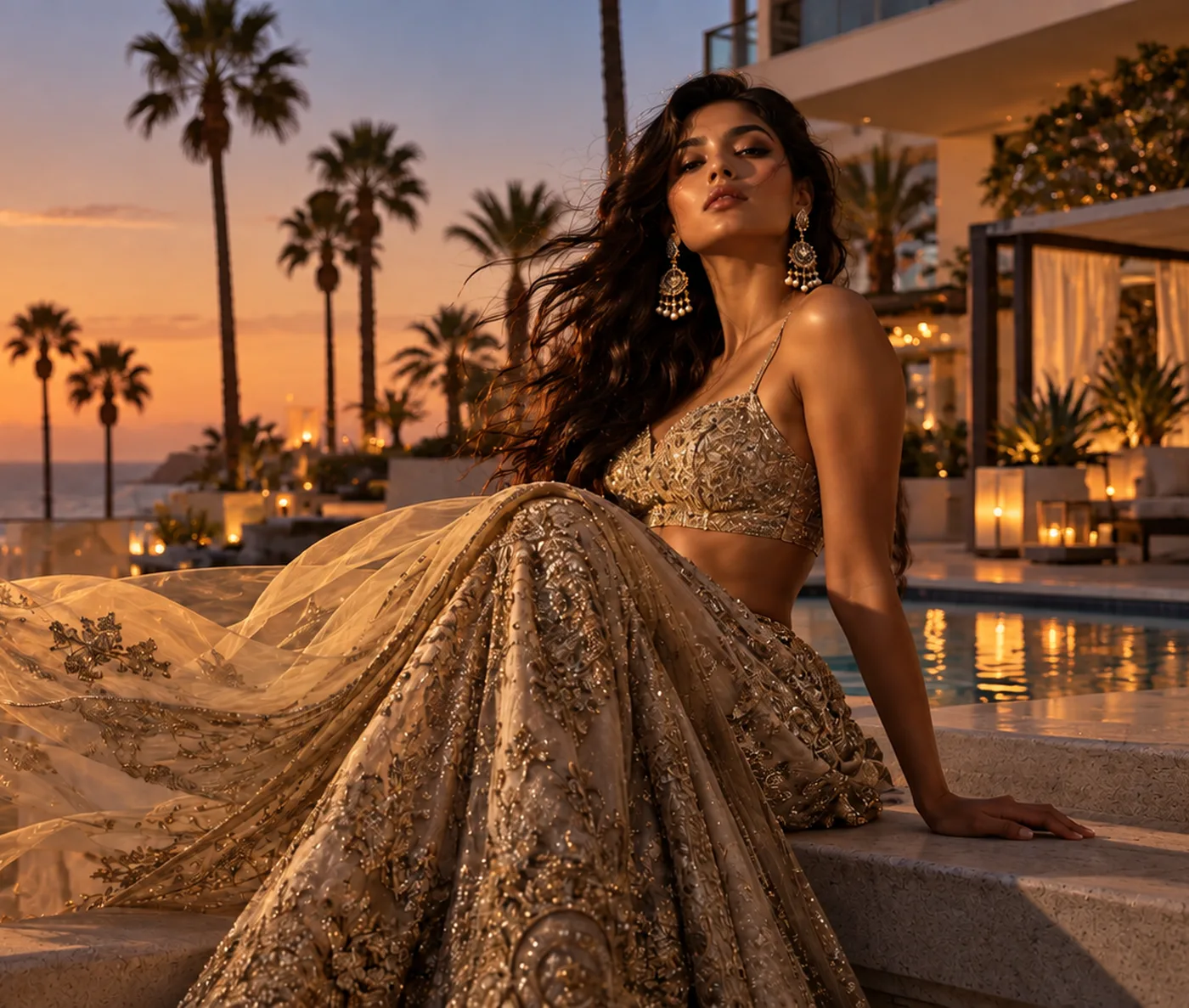 A woman in embellished gold eveningwear at sunset by the pool.