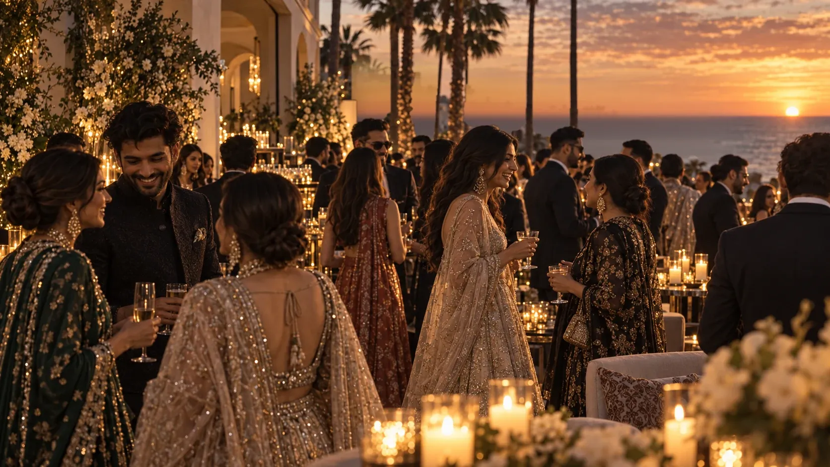 Guests arriving and mingling at sunset during an elegant South Asian coastal event.