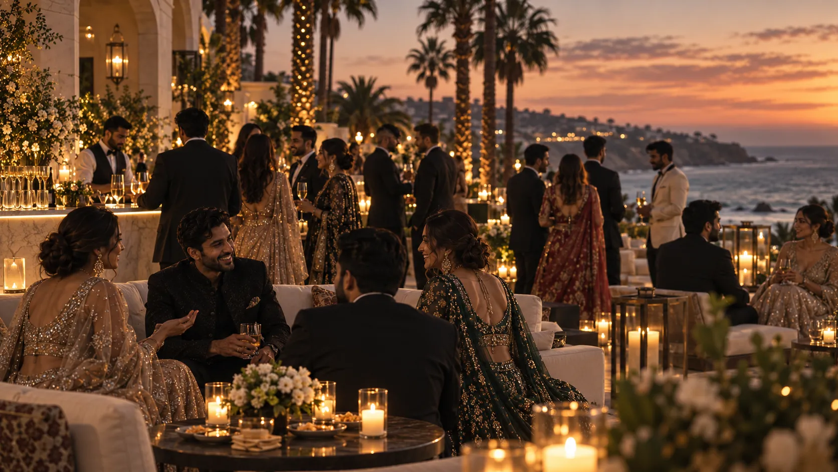 Groups of stylish guests talking and relaxing in an elegant oceanfront lounge at sunset.