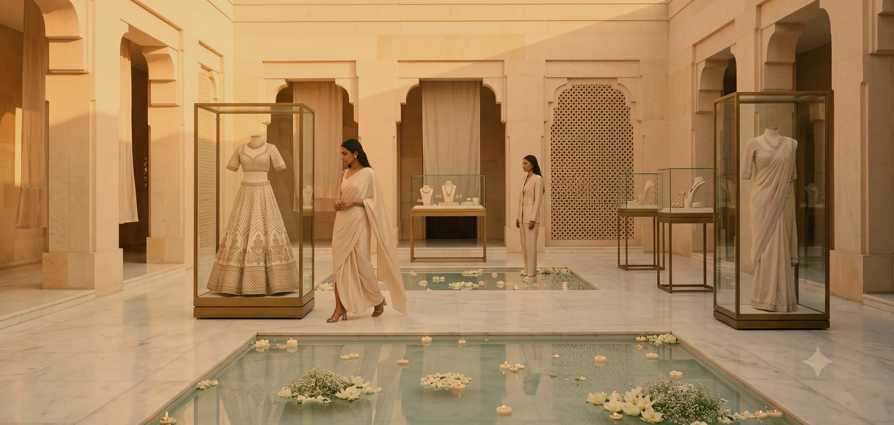 Visual concept of a WS24 showcase courtyard with couture and jewelry displays
