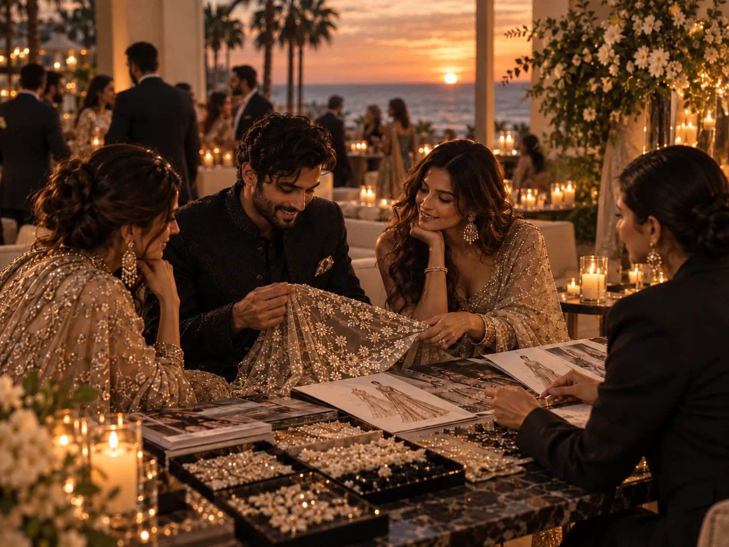 A small group reviewing embroidery, fashion sketches and sample details at sunset.